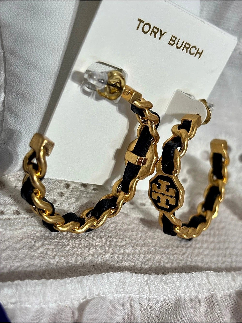 Tory Burch Logo Chain Hoop Earrings Black & Gold NWT